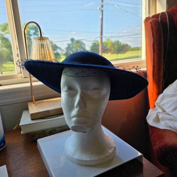 Vtg Betmar Veiled Derby Hat Womens Navy Wide Brim Formal Hatinator Fascinator - Picture 2 of 8
